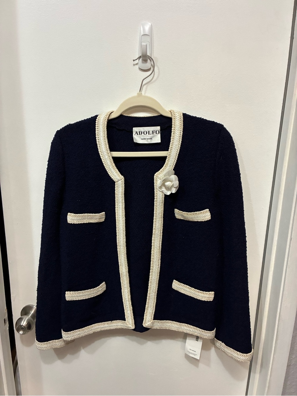 Adolfo Navy Bouclé Braided Collar Blazer